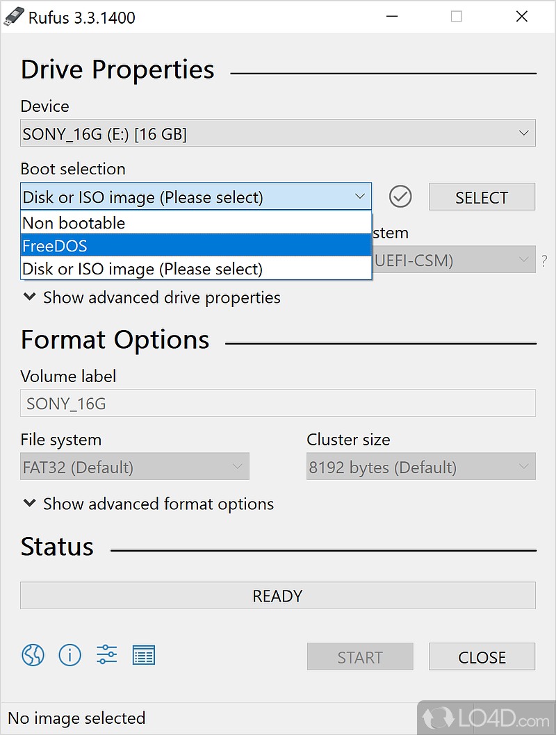 Rufus boot selection drop-down and START button
