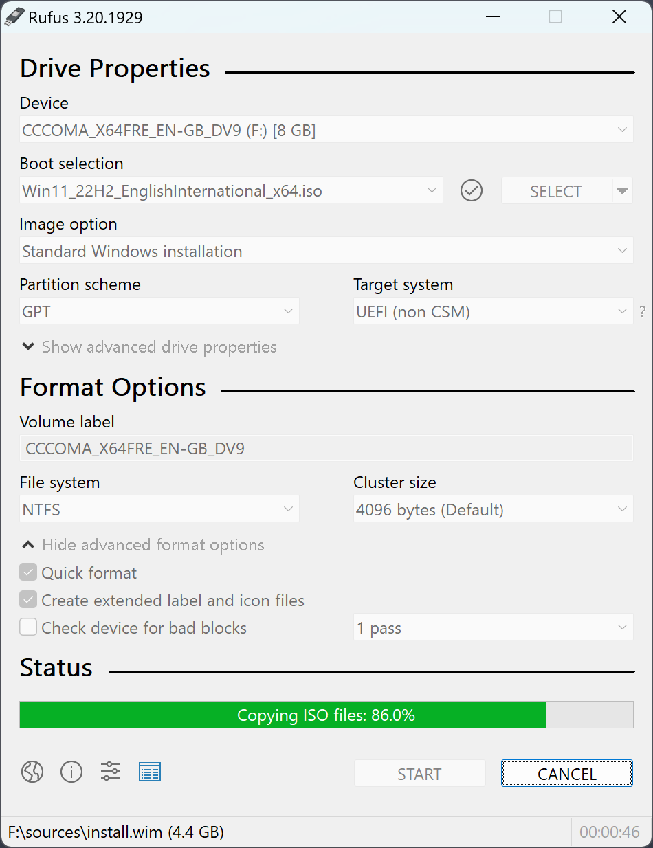 Rufus with the Windows ISO selected, GPT partition scheme and NTFS file system