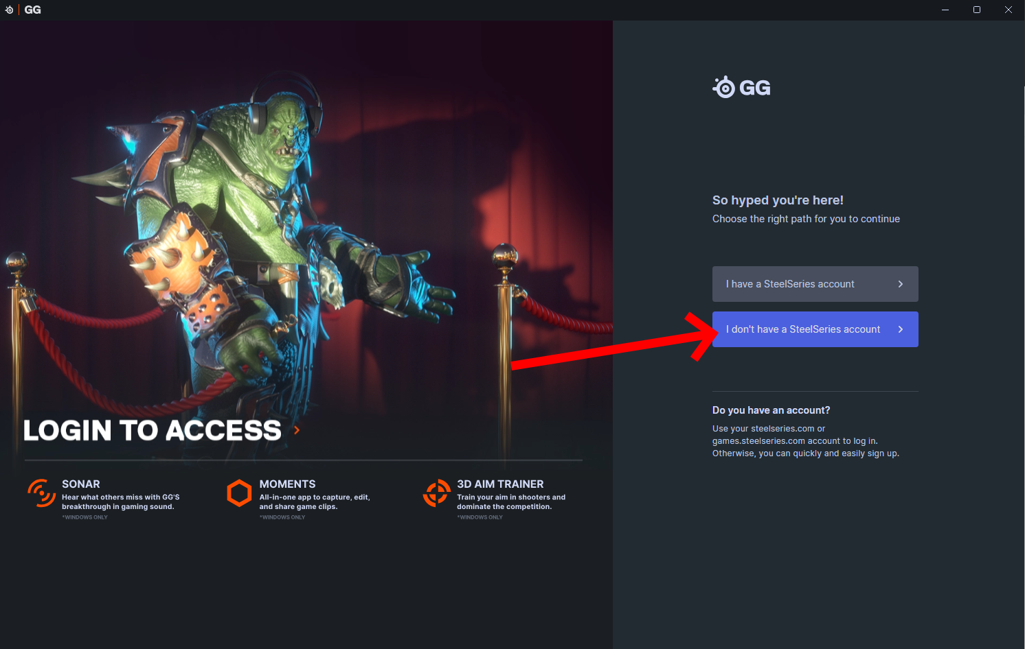 SteelSeries GG login screen with the option to create a new account