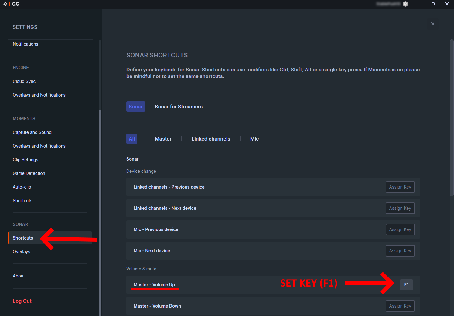 Sonar Shortcuts page with F1 assigned to Master - Volume Up