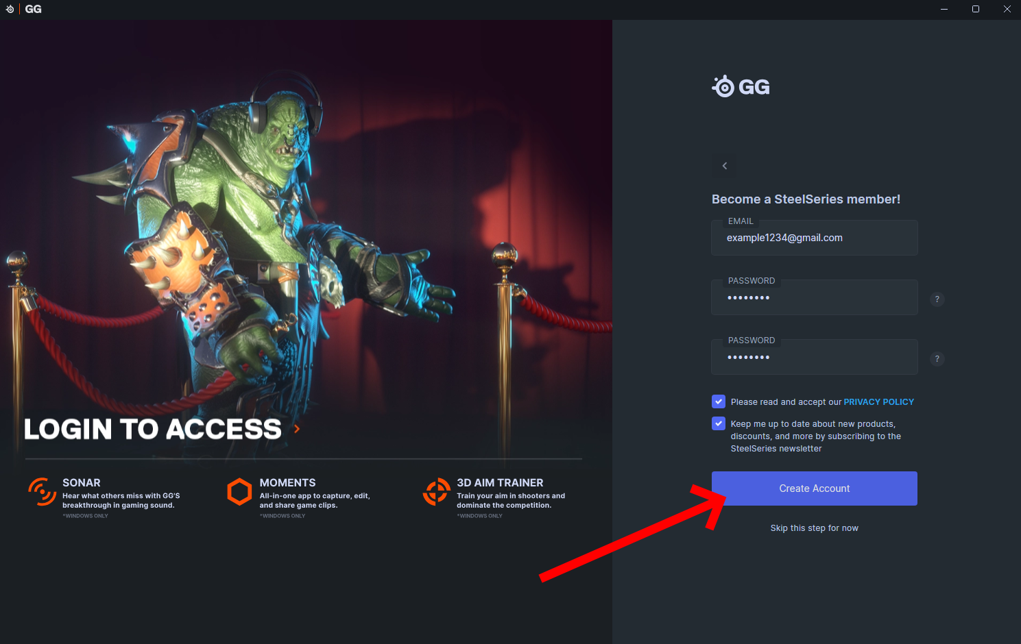 SteelSeries account creation form