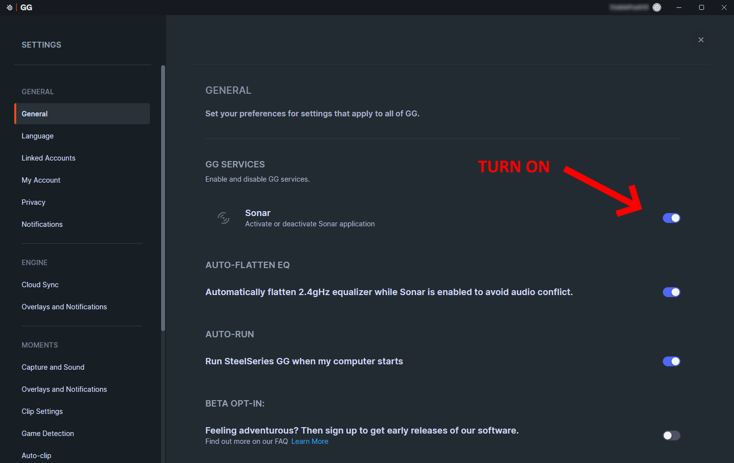 Sonar toggle under GG Services in the SteelSeries GG settings