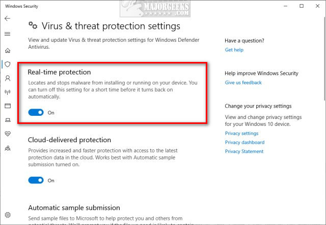 Real-time protection toggle set to Off