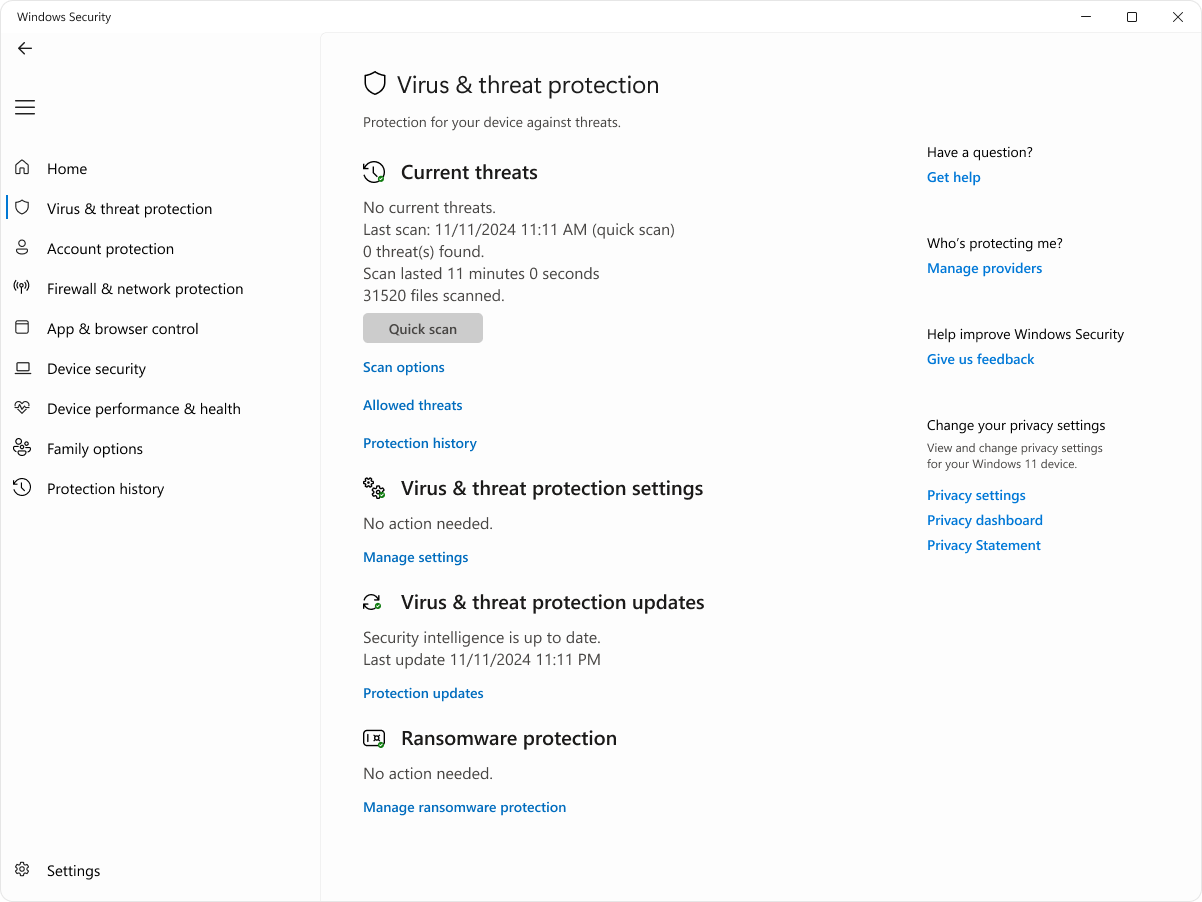 Virus & threat protection section in Windows Security
