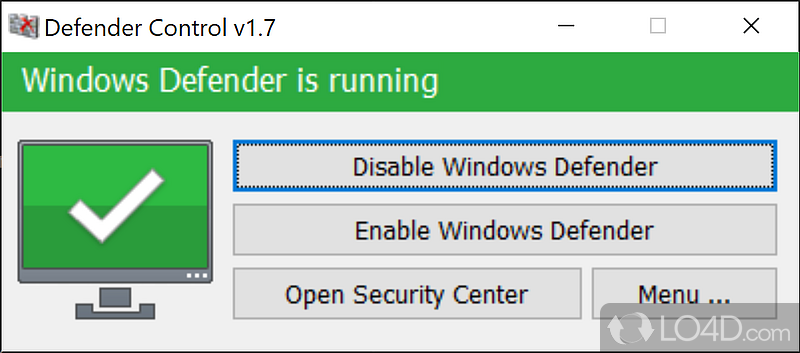 Defender Control showing Windows Defender enabled
