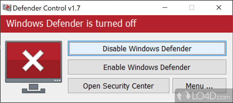 Defender Control showing Windows Defender disabled