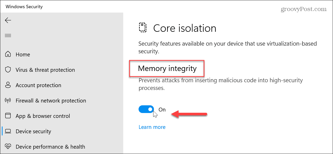Memory integrity toggle on the Core isolation page in Windows Security