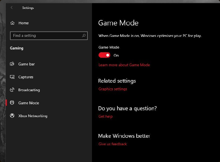 Windows 10 界面：设置中的游戏模式开关