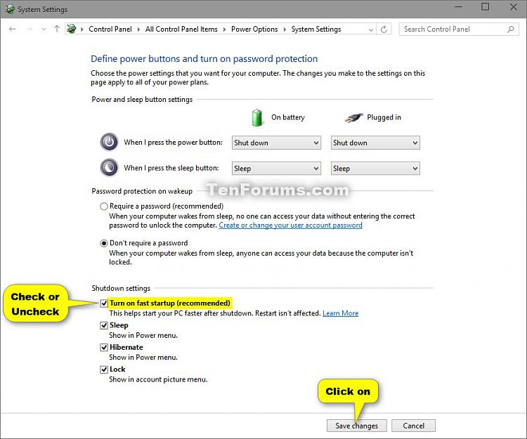 Turn on fast startup checkbox under Shutdown settings, and the Save changes button