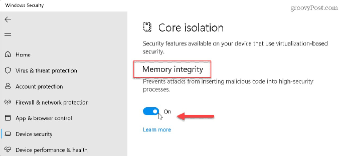 Windows 安全中心核心隔离页面中的内存完整性开关