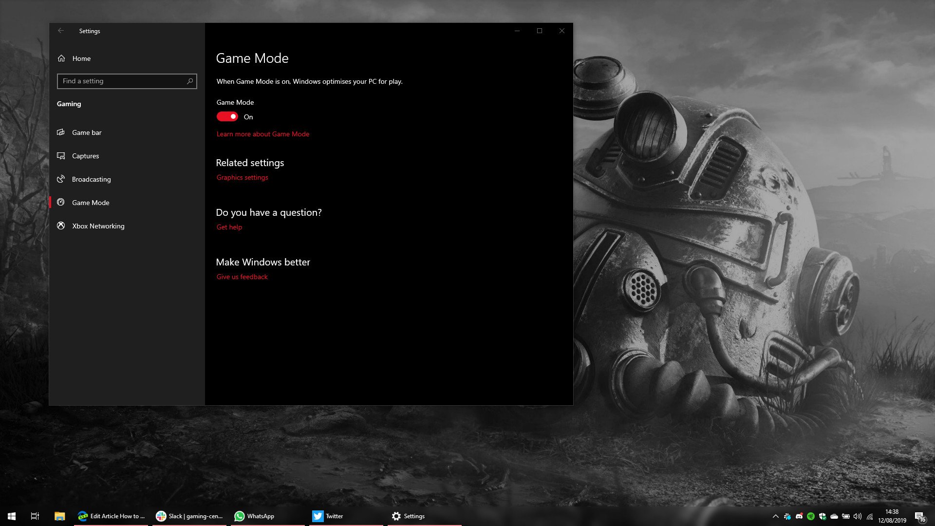 Game Mode page on Windows 10 (Settings → Gaming → Game Mode)