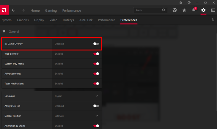 In-Game Overlay toggle under Settings → Preferences in AMD Adrenalin