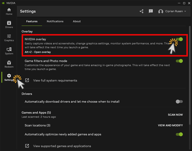 NVIDIA overlay toggle under Settings → Features in the NVIDIA App