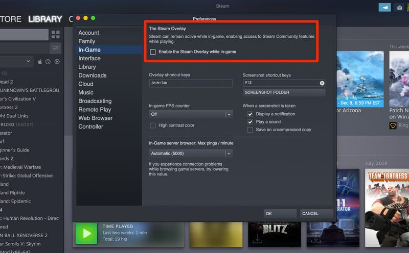 The Steam Overlay checkbox under Settings → In-Game