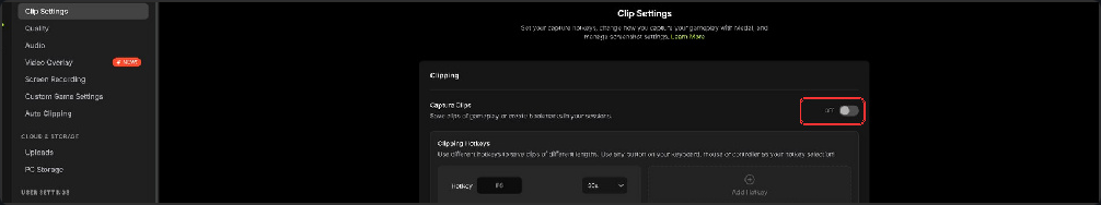 Capture Clips toggle set to OFF in Clip Settings