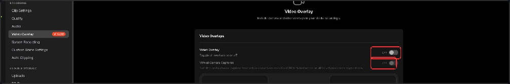 Video Overlay and Virtual Camera Captures toggles set to OFF