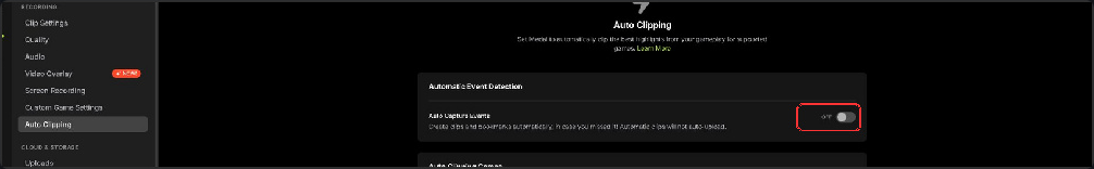 Auto Capture Events toggle set to OFF in Auto Clipping