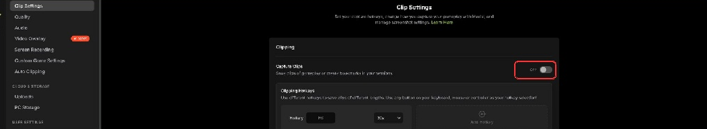 Clip Settings 页面，Capture Clips 已关闭