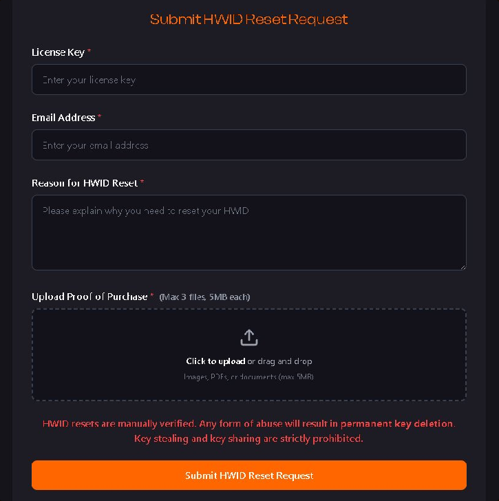 kernaim.to/hwid-reset 上的 HWID 重置申请表单
